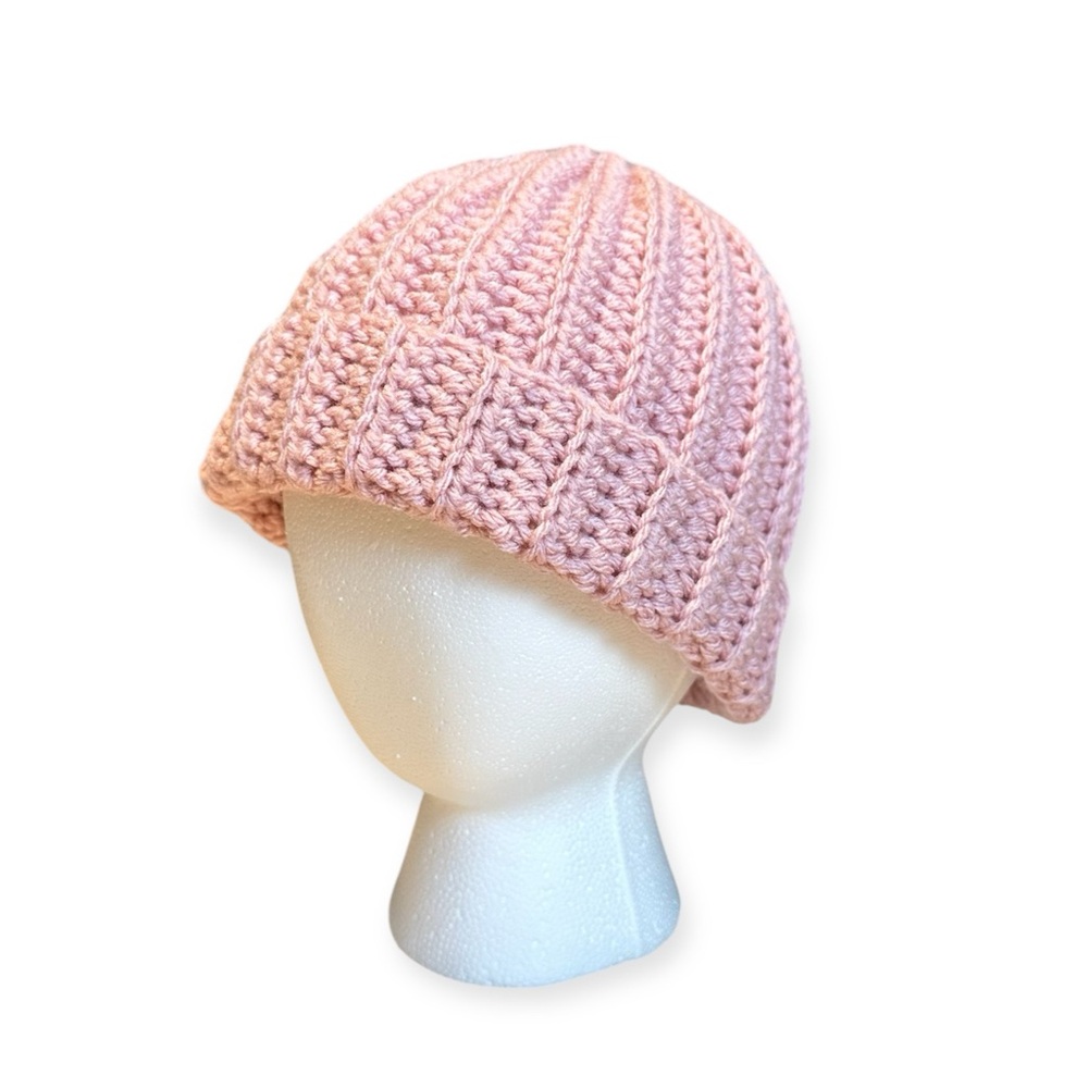 New Handmade Crochet Ribbed Beanie Fold over Hat Winter Fall Plain Blush Pink